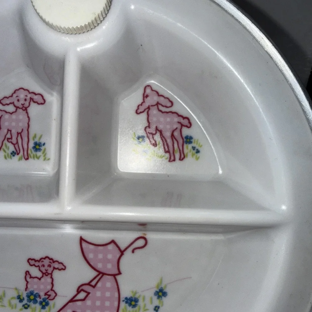 Vintage Pink Divided Dish Baby Warmer Warming Food Plate Handles Lamb Bo Peep